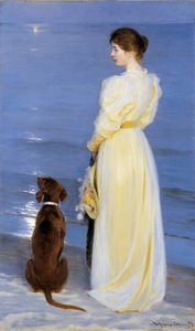 スカゲンでの夏の夜。ビーチで犬と一緒にアーティストの妻 作： Peder Severin Krøyer