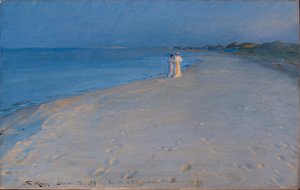スカゲンのサウスビーチでの夏の夜。アンナ・アケルとマリー・クロイヤー 作： Peder Severin Krøyer