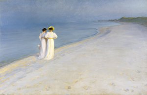スカゲンズビーチでの夏の夜。一緒に歩いているアンナ・アンカーとマリー・クロイヤー 作： Peder Severin Krøyer