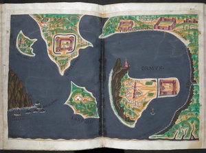 ペドロ・バレート・デ・レセンデのポルトガル写本『東方インド史』より、ホルムズの平面図 作： Pedro Barretto de Resende