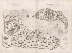 バーレーン諸島のポルトガル式平面図（ペドロ・バレート・デ・レセンデ著『東洋インド史』、Sloane MS 197、f.165v-166r（紙にペン・インク） 作： Pedro Barretto de Resende