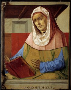 ストア派の哲学者であり、劇作家であり、ローマの政治家であったセネカ（Lucius Annaeus Seneca、紀元前4年～紀元後65年、JC）の肖像。ペドロ・ブルゲテ（1450年頃～1500年前）とジャスト・フロム・ゲント（1435年～1480年）のEc.による絵画。フラム 作： Pedro Berruguete