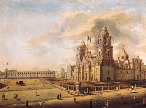 「メキシコシティのメトロポリタン大聖堂と国立宮殿」ペドロ・グアルディ (1809-1857) による絵画、1840年頃メキシコシティ国立歴史博物館、メキシコ 作： Pedro Gualdi