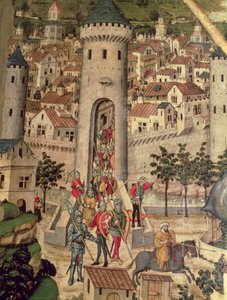 サン ジョルディの祭壇画、ジェームズ 1 世の軍隊によるマヨルカ市の征服を示す詳細 作： Pedro Nisart