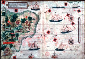 ポルトガルの航海士ペドロ・レイネルとロポ・ホーメンによるブラジルの地図、c1525。 作： Pedro Reinel