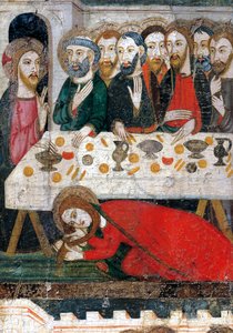 キリストの足を髪で洗うマグダラのマリア、ペドロ・セラまたはペレ・セラ（1363年から1399年に活躍）作、木に絵を描く。