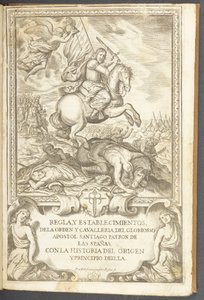 「カヴァレリア・デ・サンティアゴの規則と施設」より、馬に乗った聖ヤコブ 作： Pedro de Villafranca