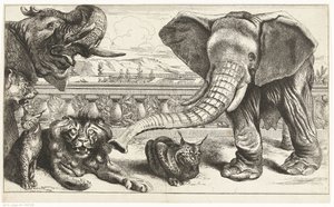 ベルサイユの庭園のゾウ、ライオン、オオヤマネコ 作： Peeter Boel (attributed to)
