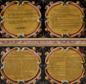 ローマのサンタ・マリア・デッラ・ヴィットリアに保存されている、1620年11月7日から8日に行われたホワイト・マウンテンの戦いを描いた4枚の絵のキャプション（1592-1667年 作： Peeter Snayers