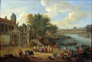 1670年頃のパリのサン・ルイ、武器庫の入り口、ルヴィエ島、島の先端 ペーテル・ブート（1658-1719）による絵画 17世紀 日。0,41x0,56 m パリ、カルナヴァレ美術館 作： Peeter or Pieter Bout
