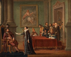 Christine Gyllenstierna (1494-1559) avec la lettre de sauf conduit, devant le roi Christian II de Danemark (1481-1559) - Christina Gyllenstierna with the letter of safe conduct before Christian II par Hillestroem, Pehr (1732-1816).キャンバスに油彩、サイズ：42 作： Pehr Hilleström