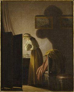 Une femme attrapant des puces a la lumiere de la bougie - A woman catching fleas by candle light, by Hillestrom, Pehr (1732-1816).キャンバスに油彩。サイズ: 51,5x42,5 cm。ストックホルム国立博物館 作： Pehr Hilleström