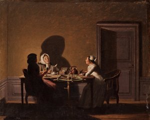 キャンドルライトの下での読書、ヒレストロム、ペール（1732-1816）によるもの。油彩・キャンバス、サイズ：41.5x51.5、個人蔵 作： Pehr Hilleström