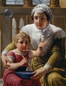 子供を連れた女性とシャボン玉、アイザック・ニュートン（1642-1727）の光の屈折の発見の詳細