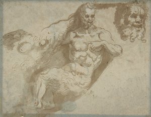 座っているサテュロス、同じ直腸の拡大された頭、反対側の女性の頭、1527-96。 作： Pellegrino Tibaldi