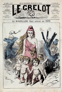 貴族たちが逃げ惑う中、国歌「ラ・マルセイエーズ」が進んでいく様子を寓意した「鐘」の1枚。挿絵はペピン。10/02/1878.個人蔵 作： Pepin