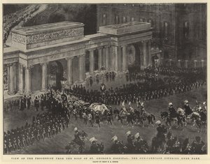セントジョージズ病院の屋根からの行列、ハイドパークに入るガンキャリッジ 作： Percy F.S. Spence