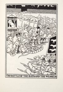 フォンテーヌ寓話、パブからのネズミとイタチの戦い。 1905 作： Percy J. Billingshurst