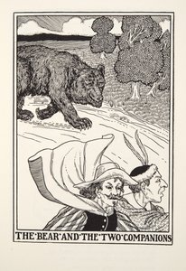 フォンテーヌ寓話集より「熊と二人の仲間」。1905年（彫刻 作： Percy J. Billingshurst