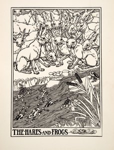 ウサギとカエル、イソップの百寓話、pub.1903から 作： Percy J. Billingshurst