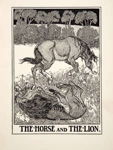 馬とライオン、イソップの百寓話、pub.1903から