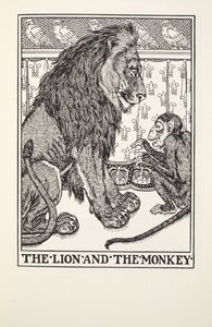 ライオンと猿、フォンテーヌ寓話、パブから。 1905 作： Percy J. Billingshurst