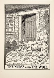 ナースとオオカミ、イソップの百寓話、pub.1903から 作： Percy J. Billingshurst