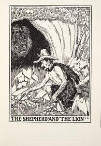 羊飼いとライオン、フォンテーヌ寓話、パブから。 1905 作： Percy J. Billingshurst