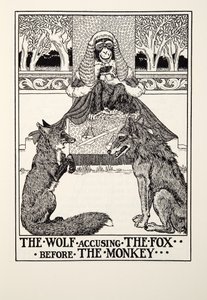 フォンテーヌ寓話、パブから猿の前にキツネを非難するオオカミ。 1905 作： Percy J. Billingshurst