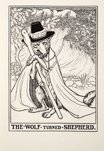 ウルフ・ターンド・シェパード、フォンテーヌ寓話、パブ。 1905 作： Percy J. Billingshurst