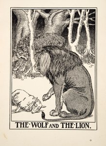 オオカミとライオン」（イソップ寓話集、1903年刊）より（彫刻