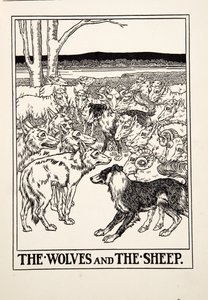 イソップ寓話集』より「狼と羊」、1903年刊（彫刻 作： Percy J. Billingshurst