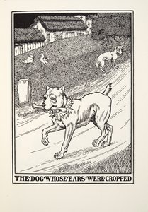 フォンテーヌ寓話、パブから耳がトリミングされたThr犬。 1905 作： Percy J. Billingshurst