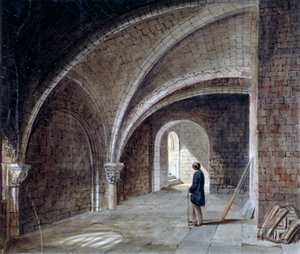 1855 年、シティ オブ ロンドン、ウッド ストリート スクエア、壁に囲まれたセント ジェームズ教会の下の地下室。 作： Percy William Justyne