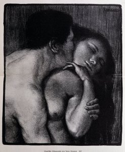女性にキスをする男性。 Pere Torne-Esquius (Torne Esquius) によるリトグラフ 作： Pere Torne Esquius