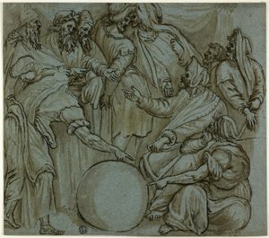 地球儀を論じる哲学者たち 作： Perino del Vaga