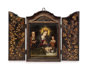 ポルトガルのイエズス会から委託された携帯型キリスト教神社（セイガン）（場合によっては銅に油を塗る） 作： Period Momoyama