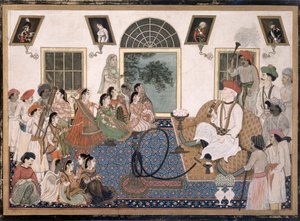 ヨーロッパ人、おそらくデビッド・オクタロニー卿（1758-1825）、インドのドレスを着て、水ギセルを吸って、デリーの彼の家でナッチを見ている、1820年頃（紙にインクとカラー） 作： Persian School