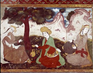 17世紀の庭園にいるペルシャの王女とその宮廷人たち。イランのイスファハン（IsfahanまたはEspahan, Esfahan）にある40柱の宮殿（Chehel Sotoun）のフレスコ画。 作： Persian School