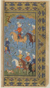 FirdawsiによるShahnama（Book of kings）からのロイヤルハント、c.1590-1600（インク、不透明な水彩画、紙に金）