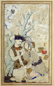 アート・イスラム。シャー・アッバース1世が自分のページの1つを抱きしめている肖像。1672年のペルシャの絵。寸法：0.16 x 0.27m。パリ、ルーヴル美術館 作： Persian School