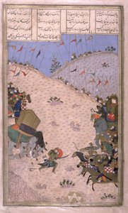 Bahram Chubina、彼の象の殺害、Fights on Foot、Shahnama（Book of Kings）のイラスト、Abul-Qasim Manur Firdawsi（c.934-c.1020）c.1440-45（ペン、インク、ベラムにインク） 作： Persian School