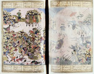 IsfandiyarとArjaspの間の戦い、Shahnama（Book of Kings）のイラスト、Abul-Qasim Manur Firdawsi（c.934-c.1020）c.1440-45（vellumのペン、インク、トイレ）