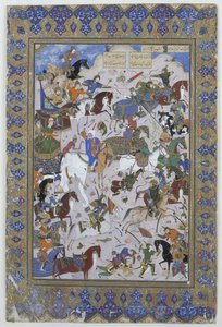 1540年にニザミによって最初に書かれた詩LaylaとMajnunからのKrusrauとBahram Chubainaの間の戦い（ベラムにインク） 作： Persian School