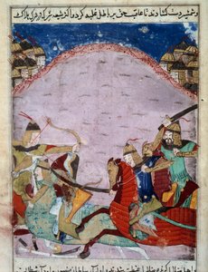 モンゴル人とグルジア人の戦い。グルジア人は逃げている。1430年頃のペルシャの細密画パリ、B.N.