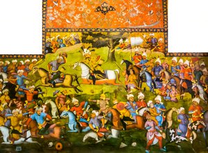 ムハンマドシェイバニカーン、レセプションホール、チェヘルソトゥーン、1647年に勝利したシャーイスマイルIの勝利によるタヘルアバドの戦いまたはメルヴの戦い 作： Persian School