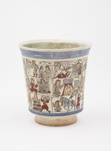 「シャーナマ」、カーシャーン、イラン、サルジュク時代、12世紀後半を描いたビーカー（釉薬の下と釉薬の上にエナメルで塗られた石のペースト） 作： Persian School
