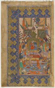 ビルキスはカムサ（クインテット）から即位、1560年頃（不透明な水彩、インク、紙に金） 作： Persian School