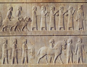 アパダナ（謁見の間）への東階段の浮き彫りフリーズの詳細（アケメネス朝時代、前515年頃）。 作： Persian School