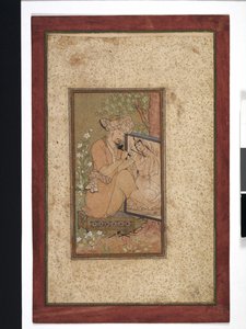 おそらく18世紀のシリンの肖像画を彫るファーハド（不透明な水彩、インク、紙に金） 作： Persian School
